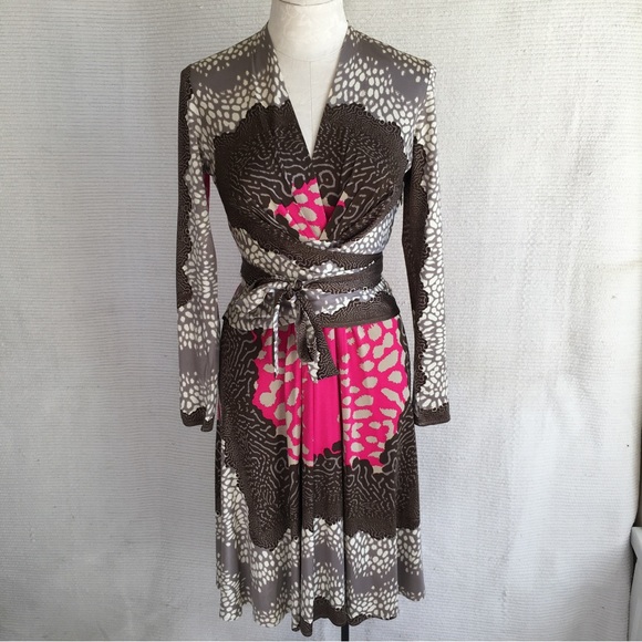 Issa London Dress M US8 UK12 Stretch Silk Animal Print Long Sleeve Brown Pink - Picture 10 of 10